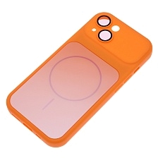 Чехол накладка для APPLE iPhone 15, Magsafe, защита камеры, пластик, силикон, бархат, цвет оранжевый
