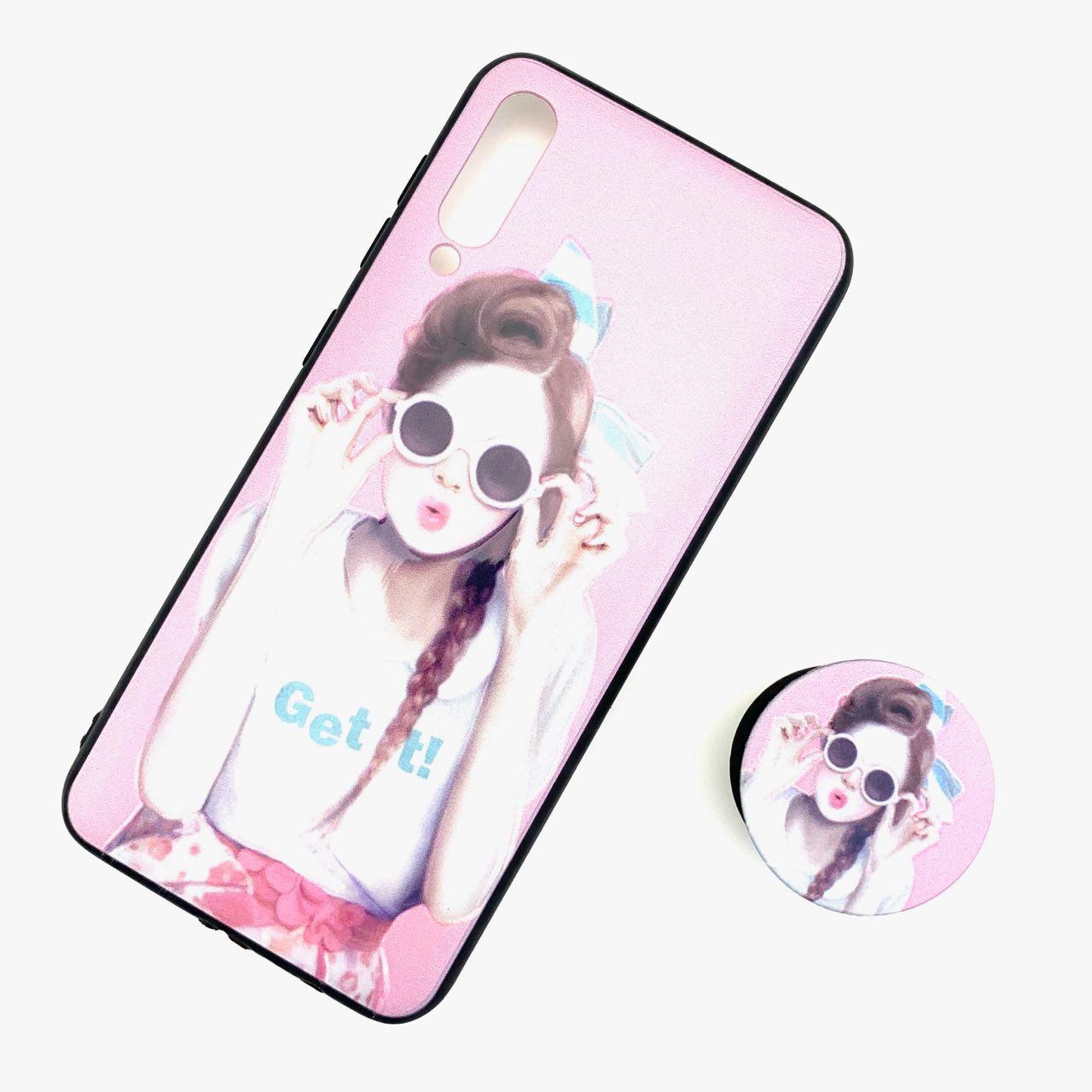Чехол накладка для SAMSUNG Galaxy A50 (SM-A505), A30s (SM-A307), A50s (SM-A507), силикон, с поп сокетом, рисунок Девушка в круглых очках.