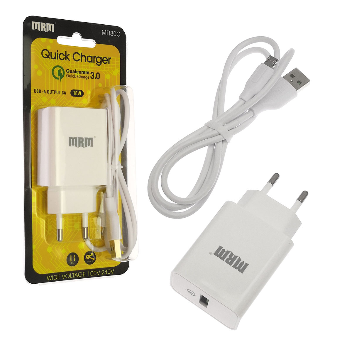 СЗУ (Сетевое зарядное устройство) MRM MR30m с кабелем Micro USB, 3.1A, 1 USB, QC3.0, длина 1 метр, цвет белый