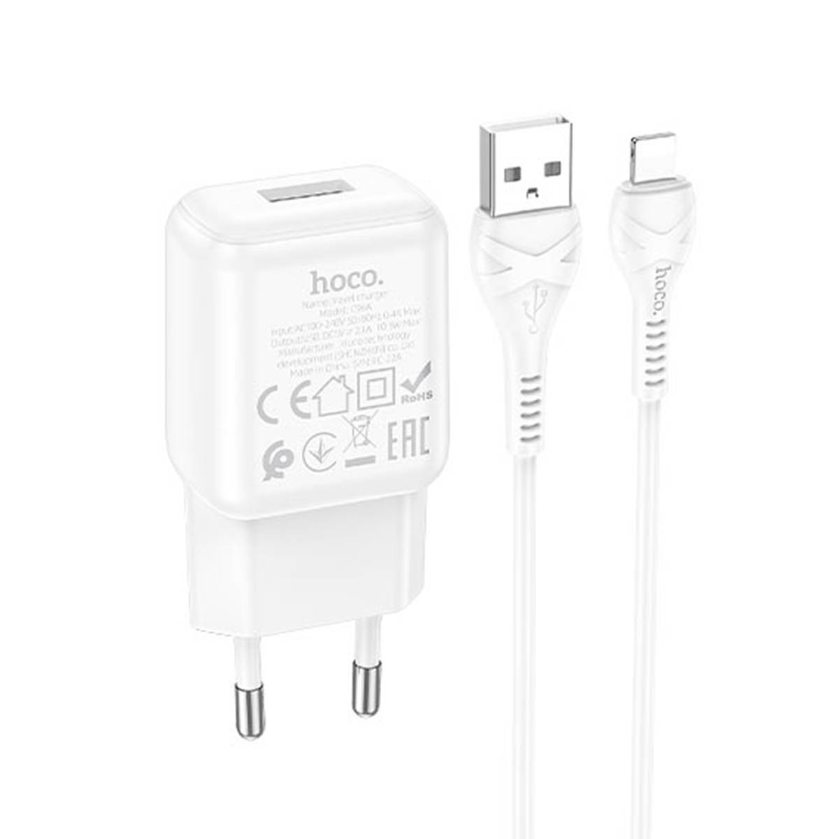 СЗУ (сетевое зарядное устройство) HOCO C96A, адаптер 1 USB 5V-2.1A, кабель Lightning 8 pin, цвет белый