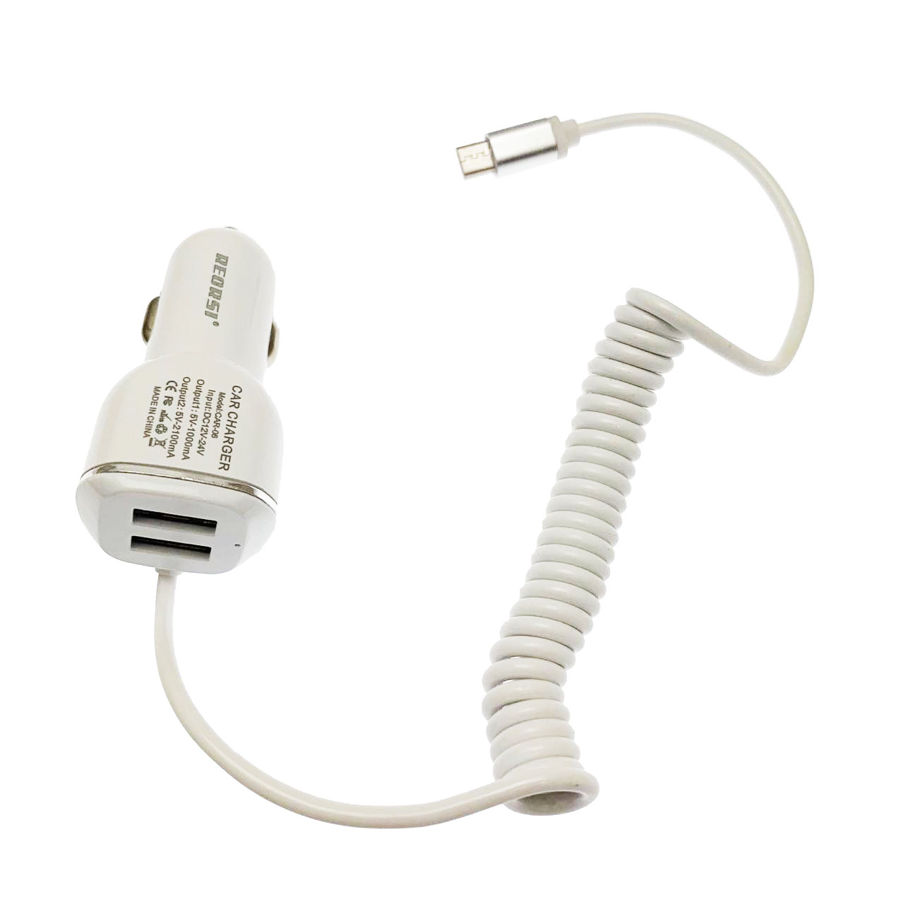 АЗУ (Автомобильное зарядное устройство) RECRCI CAR-06 DC12-24V, 2 USB (5V-1.0A / 5V-2.1A), с витым кабелем micro USB 1 метр, цвет белый.