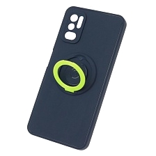 Чехол накладка для XIAOMI POCO M3 Pro, XIAOMI Redmi Note 10T, Redmi Note 10 5G, силикон, с салатовым кольцом держателем, цвет темно синий