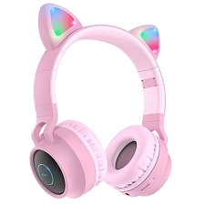 Гарнитура (наушники с микрофоном) беспроводная, полноразмерная, HOCO W27 CAT EAR, RGB подсветка, цвет розовый