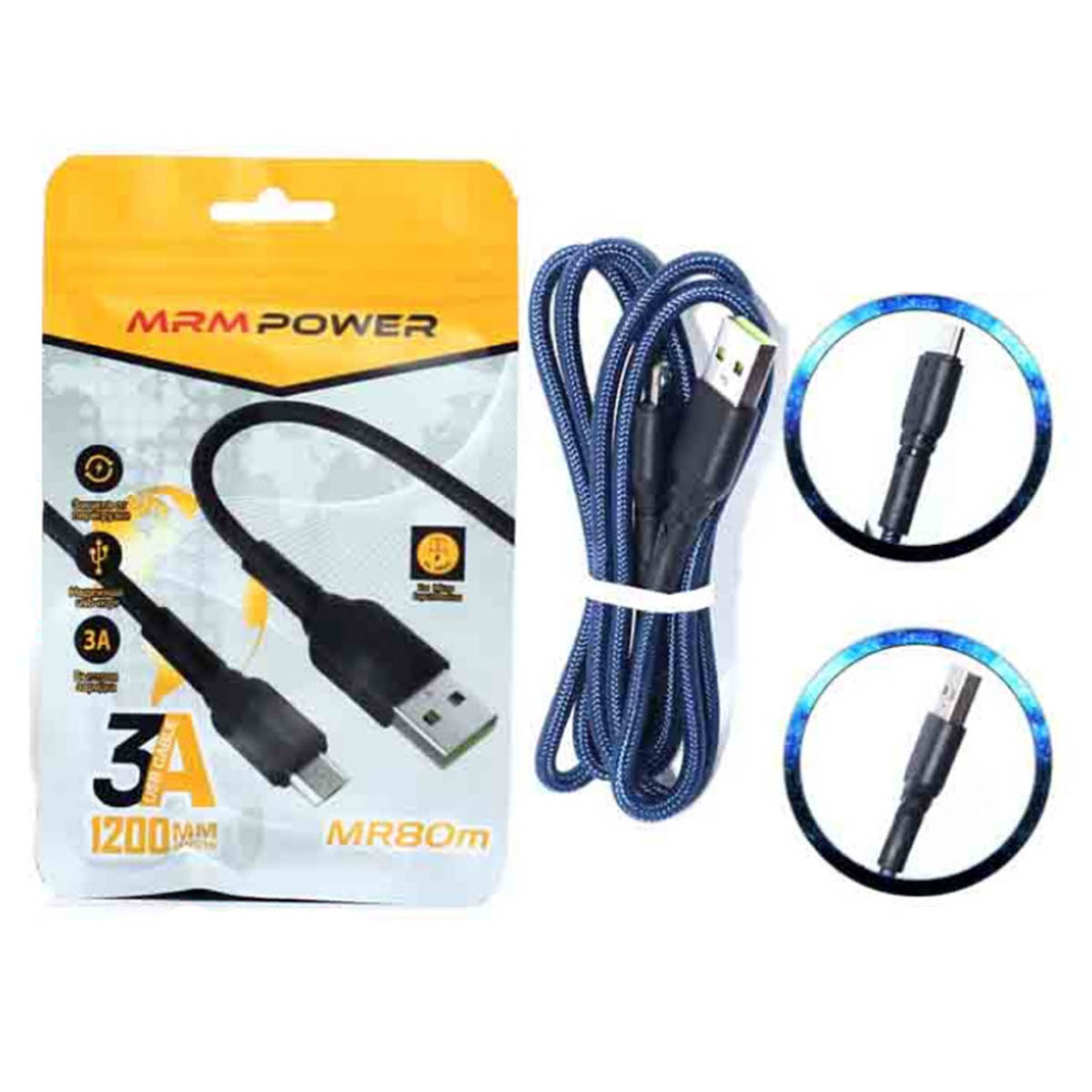 Кабель MRM MR80m Micro USB, быстрая зарядка, нейлон, 3А, длина 1.2 метра, цвет синий