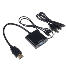 Переходник, адаптер, конвертер MRM HDMI на VGA (HDMI to VGA) + Aux разъем, кабель питания Micro USB, цвет черный
