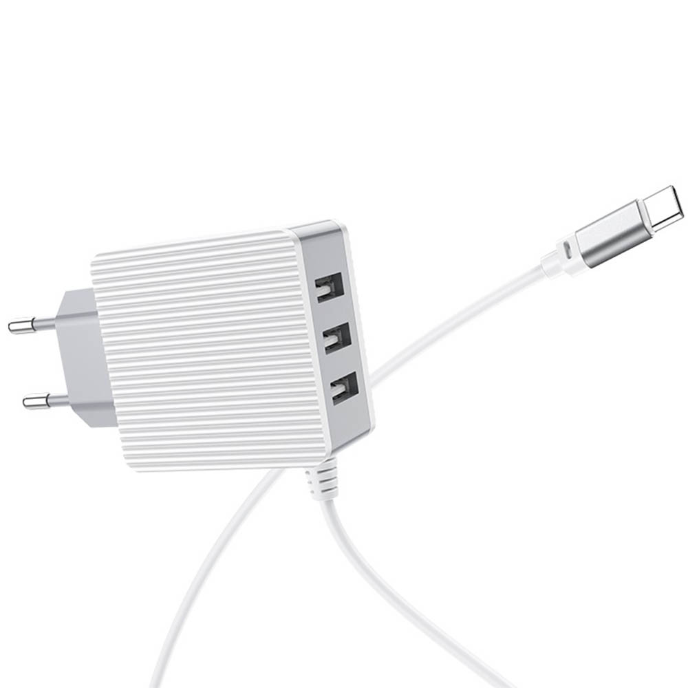 СЗУ (Сетевое зарядное устройство) BOROFONE BA42A Joyful theree-port со встроенным кабелем USB Type C, 3.1A, 3 USB, длина 1 метр, цвет белый