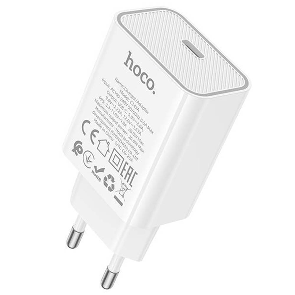СЗУ (Сетевое зарядное устройство) HOCO C143A Benefit, 20W, 1 USB Type C, PD20W, цвет белый