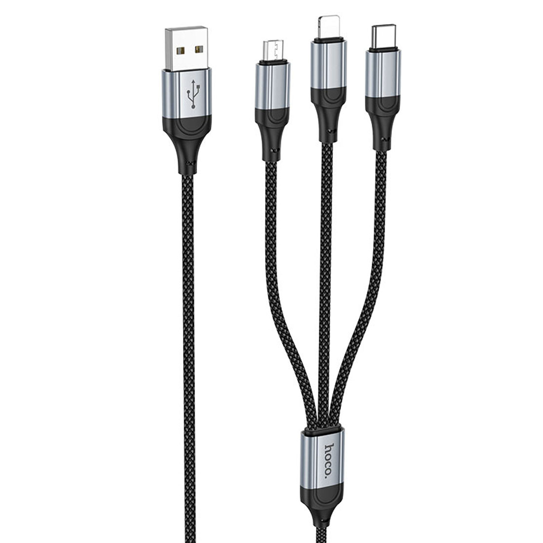 Кабель HOCO 3 in 1 USB A на Micro USB, USB  Type C, Lightning 8 pin, 2.4A, длина 1 метр, цвет черный