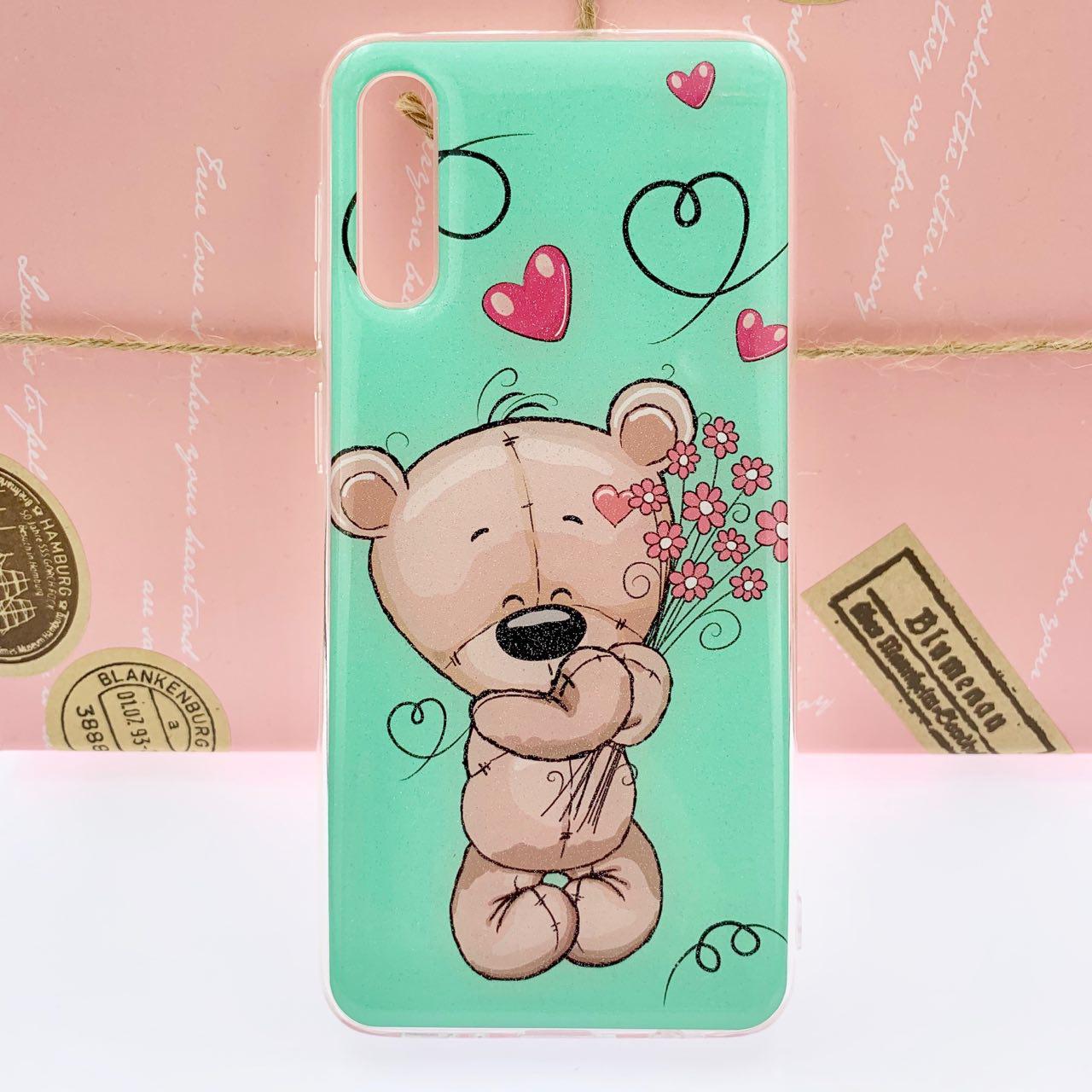 Чехол накладка для SAMSUNG Galaxy A50 (SM-A505), A30s (SM-A307), A50s (SM-A507), силикон, глянец, рисунок Плюшевый Мишка с цветами и сердечками.