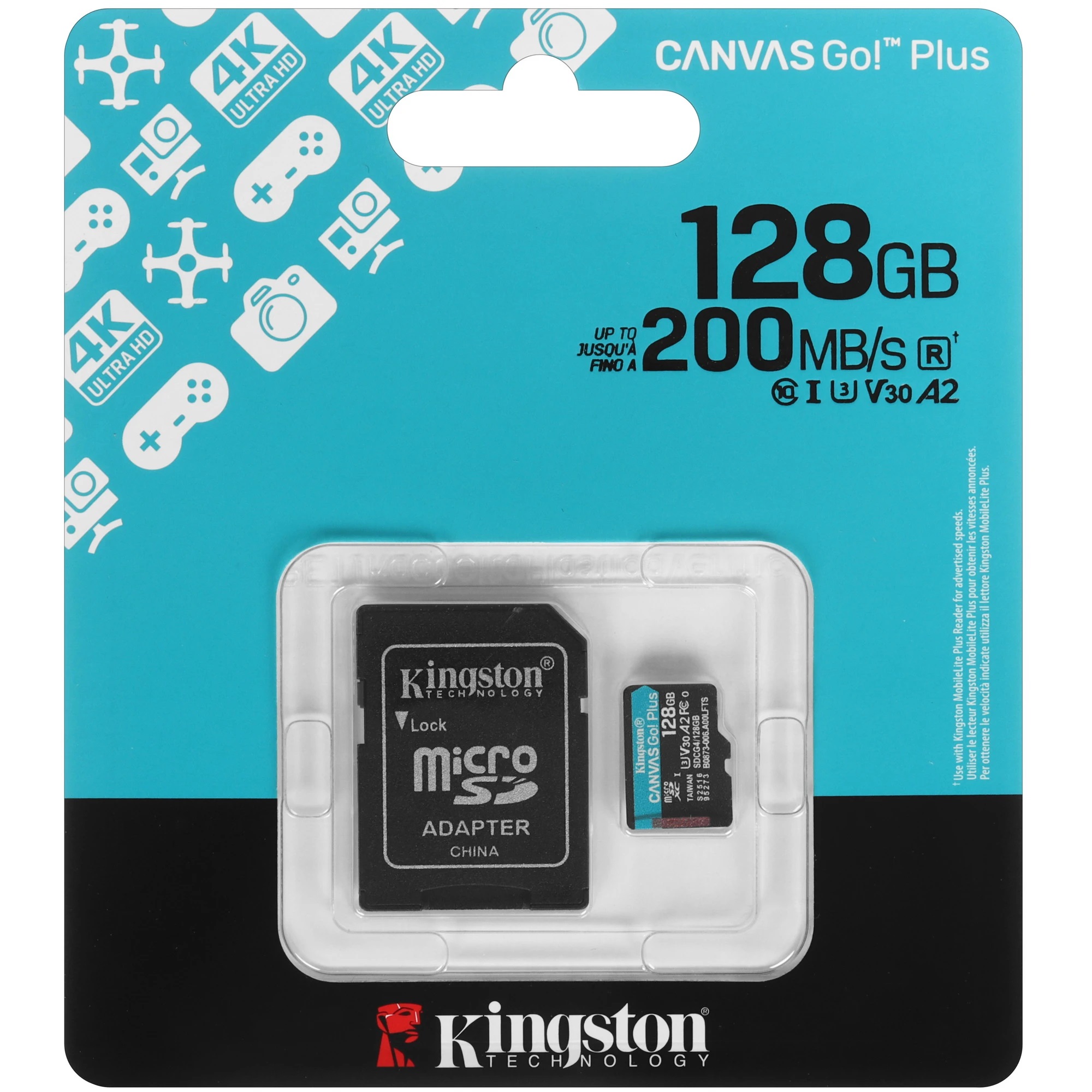 Карта памяти MicroSDXC 128GB KINGSTON CANVAS Go! Plus SDCG4/128GB 200Mb/s A2 U3 V30, с адаптером