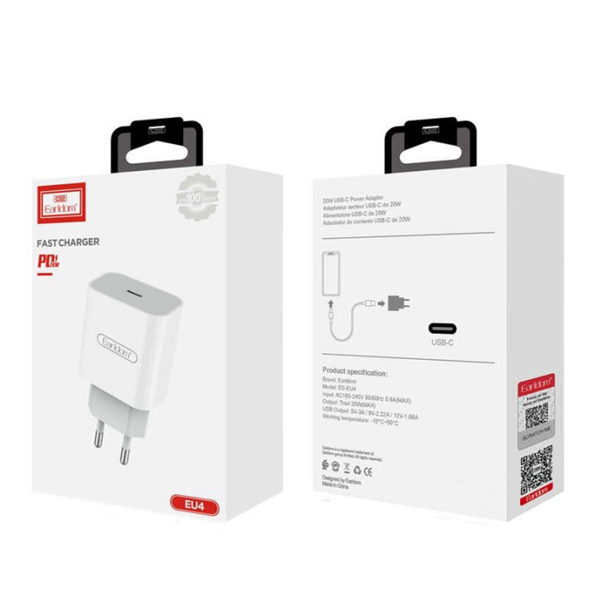 СЗУ (Сетевое зарядное устройство) EARLDOM ES-EU4 с кабелем USB Type C на Lightning 8 pin, 20W, 1 USB Type C, длина 1 метр, цвет белый
