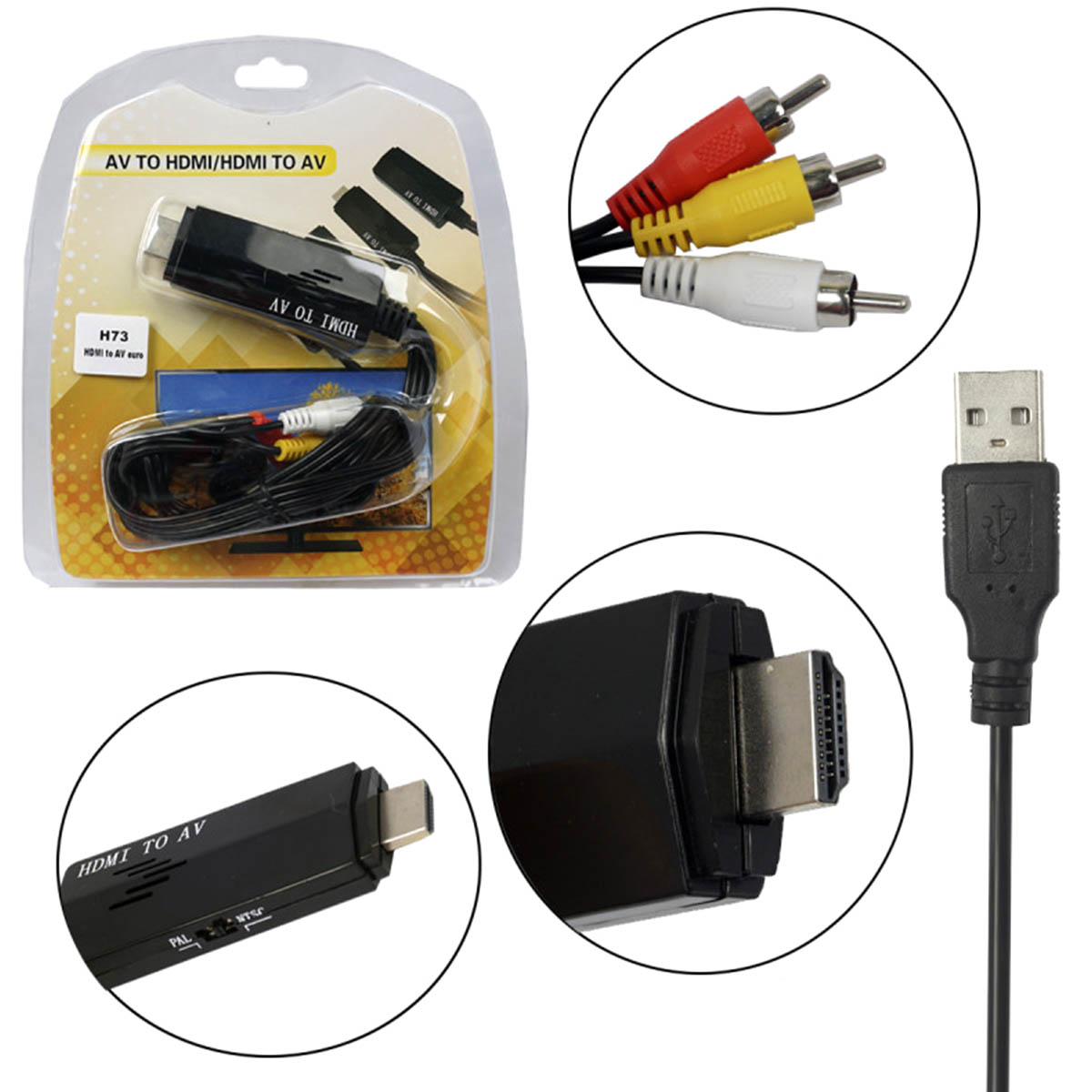 Конвертер H73 HDMI на AV (3RCA), 1.8 м, цвет черный