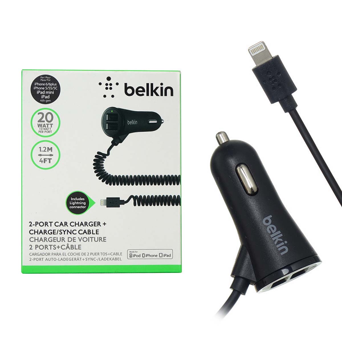 АЗУ (Автомобильное зарядное устройство) Belkin c кабелем APPLE Lightning 8 pin, 20W, 2 USB, цвет черный