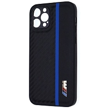 Чехол накладка для APPLE iPhone 12 Pro, силикон, карбон, экокожа, защита камеры, знак БМВ M серии, цвет черный с синей полоской Чехол накладка для APPLE iPhone 12 Pro, силикон, карбон, экокожа, защита камеры, знак БМВ M серии, цвет черный с синей полоской
