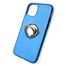 Чехол накладка для APPLE iPhone 11 Pro, силикон, глянец, с лого, металлическое кольцо, цвет синий