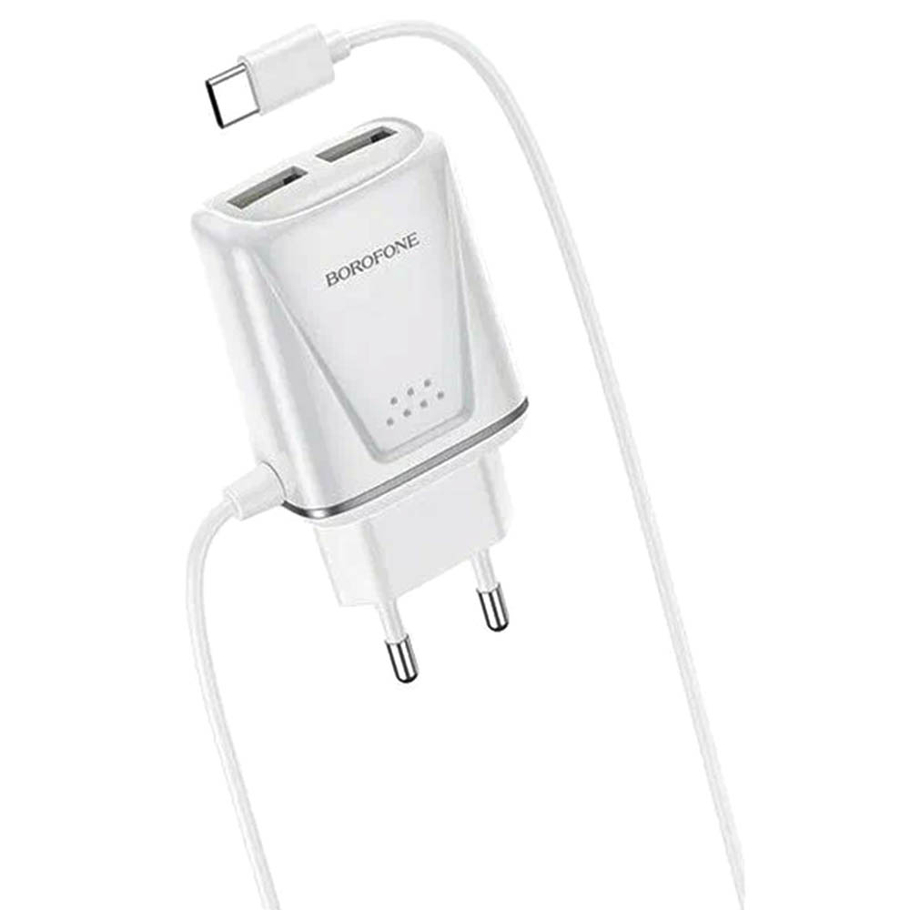 СЗУ (Сетевое зарядное устройство) BOROFONE BA50A Beneficence со встроенным кабелем USB Type C, 2.1A, 2 USB, длина 1 метр, цвет белый | Распродажа по 390