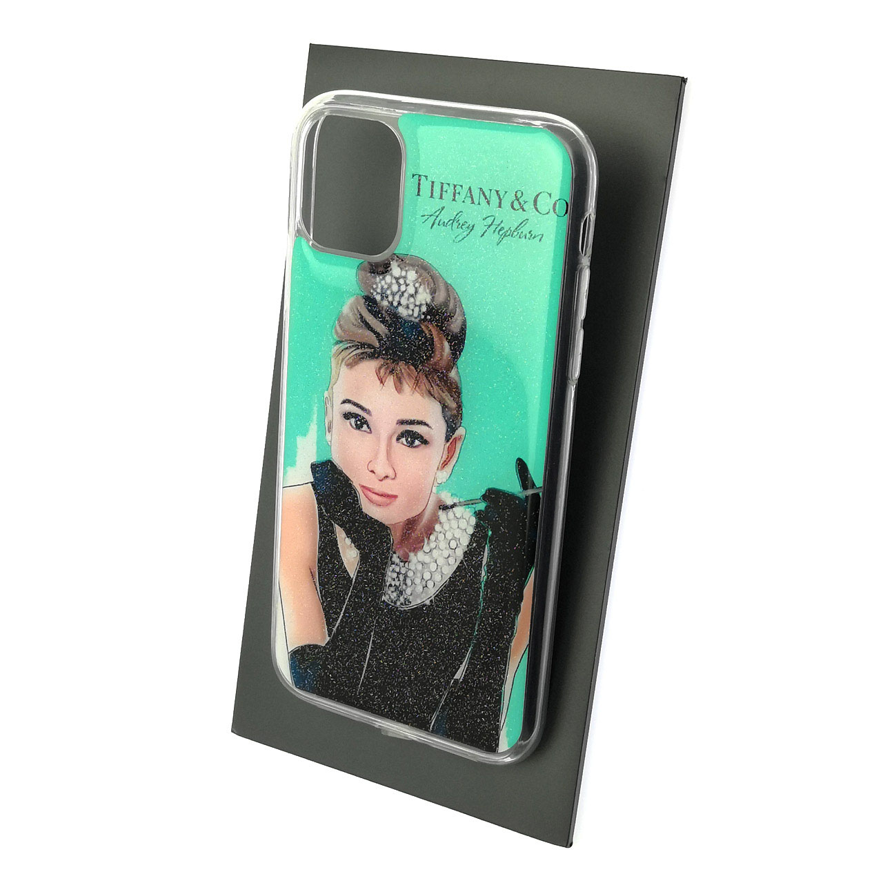 Чехол накладка для APPLE iPhone 11, силикон, глянцевый, блестки, рисунок Tiffany and CO Andrey Hepburn