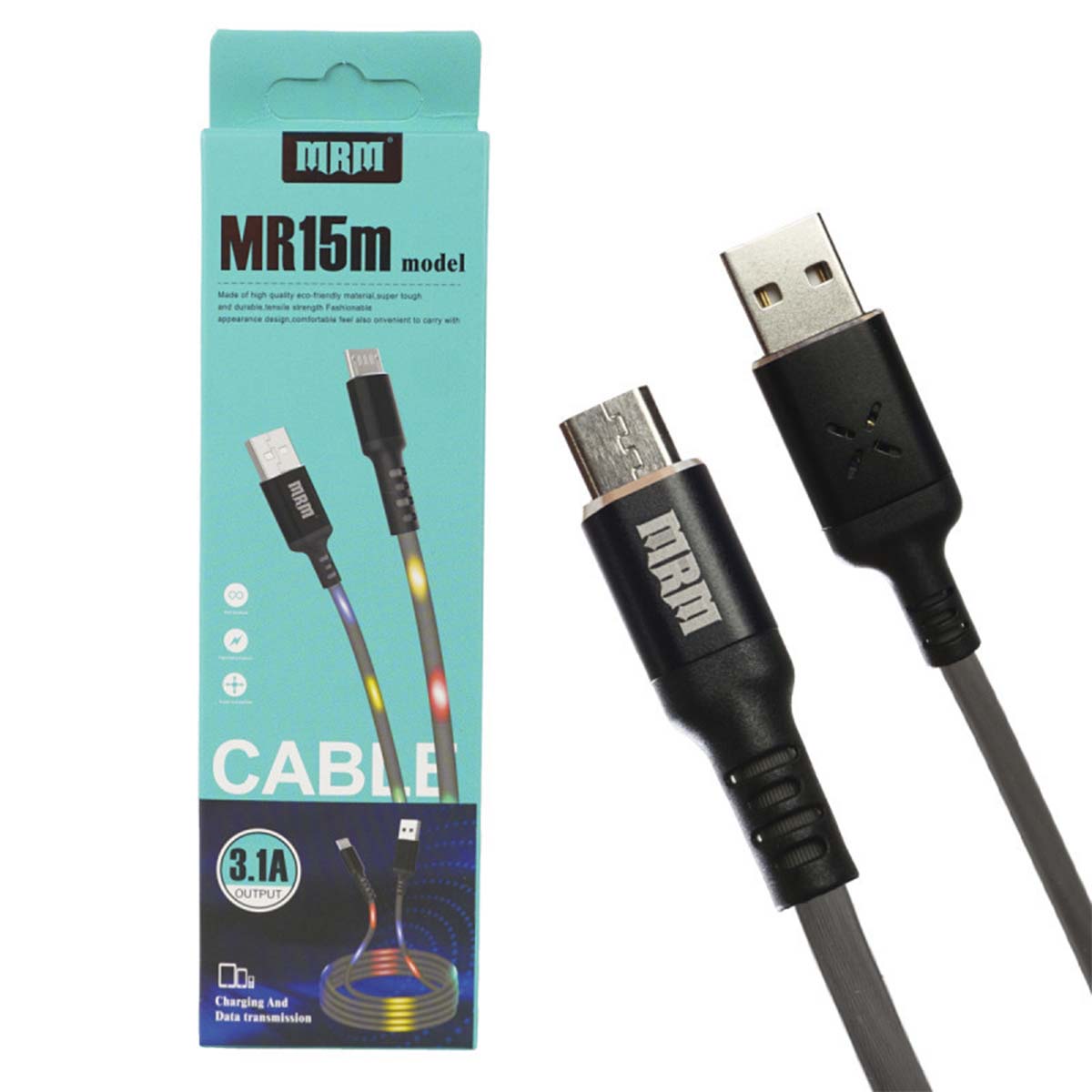 Кабель MRM MR15m Micro USB, 3.1A, длина 1 метр, светящийся под музыку, цвет серый