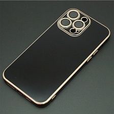 Чехол накладка для APPLE iPhone 14 Pro Max, силикон, стекло, защита камеры, цвет черно золотистый
