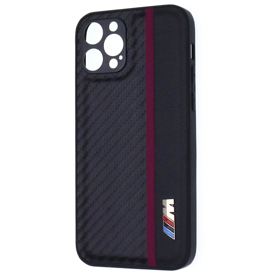 Чехол накладка для APPLE iPhone 12 Pro, силикон, карбон, экокожа, защита камеры, знак BMW M серии, цвет черный с бордовой полоской