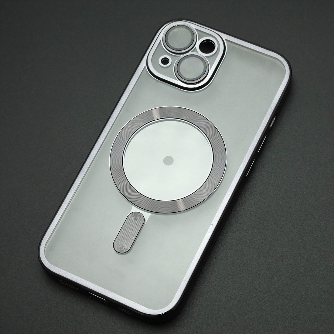 Чехол накладка FASHION CASE с поддержкой MagSafe для APPLE iPhone 15, силикон, защита камеры, прозрачный, цвет окантовки черный