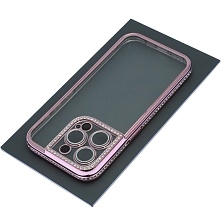 Чехол накладка для APPLE iPhone 15 Pro, силикон, защита камеры, стразы, цвет окантовки розовое золото