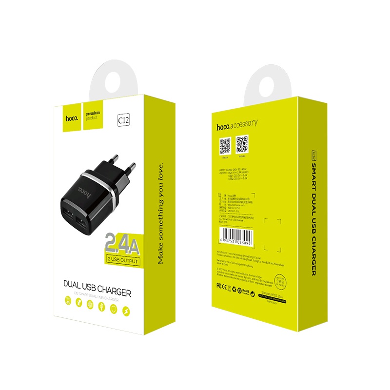 HOCO C12 Smart СЗУ (Сетевое зарядное устройство) с двумя портами USB с EU вилкой, цвет черный