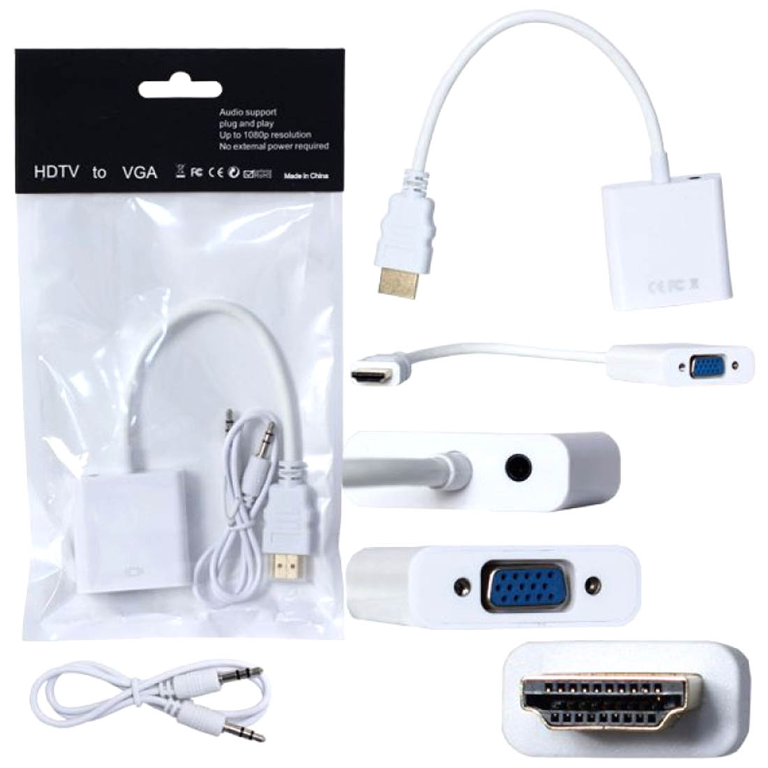 Переходник, адаптер, конвертер MRM H178 HDMI на VGA (HDMI to VGA) + AUX разъем, длина 15 см, цвет белый