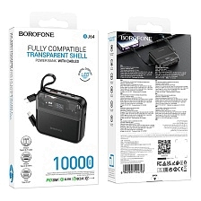 Внешний портативный аккумулятор, Power Bank BOROFONE BJ64 Distinct, 10000 mAh, 22.5W, PD20W, QC3.0, LED дисплей, встроенные кабели USB Type C, Lightning 8 pin, цвет черный