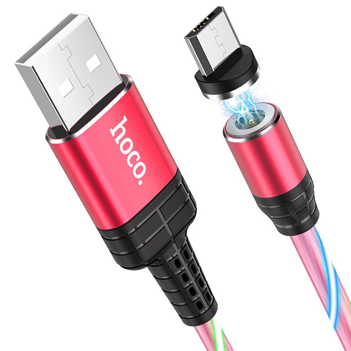 Магнитный зарядный кабель HOCO U90 Micro USB, LED подсветка, 2A, длина 1 метр, цвет красный
