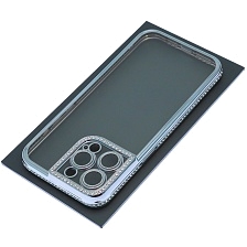 Чехол накладка для APPLE iPhone 15 Pro Max, силикон, защита камеры, стразы, цвет окантовки голубой