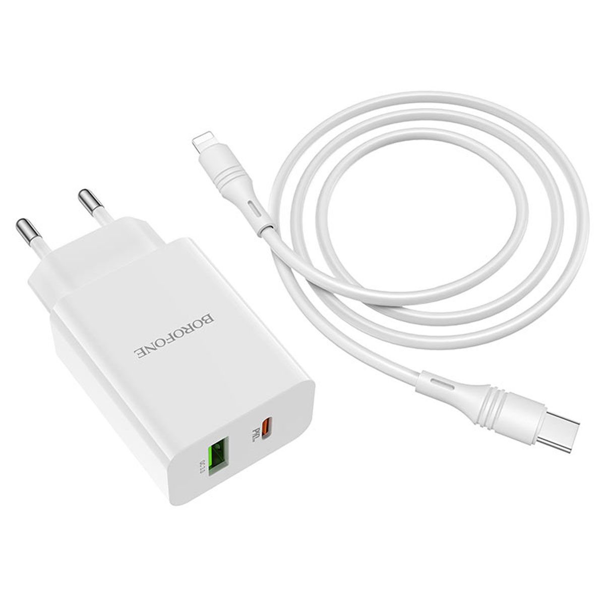 СЗУ (Сетевое зарядное устройство) BOROFONE BA56A Lavida c кабелем USB Type C на Lightning 8 pin, 20W, QC3.0, длина 1 метр, цвет белый