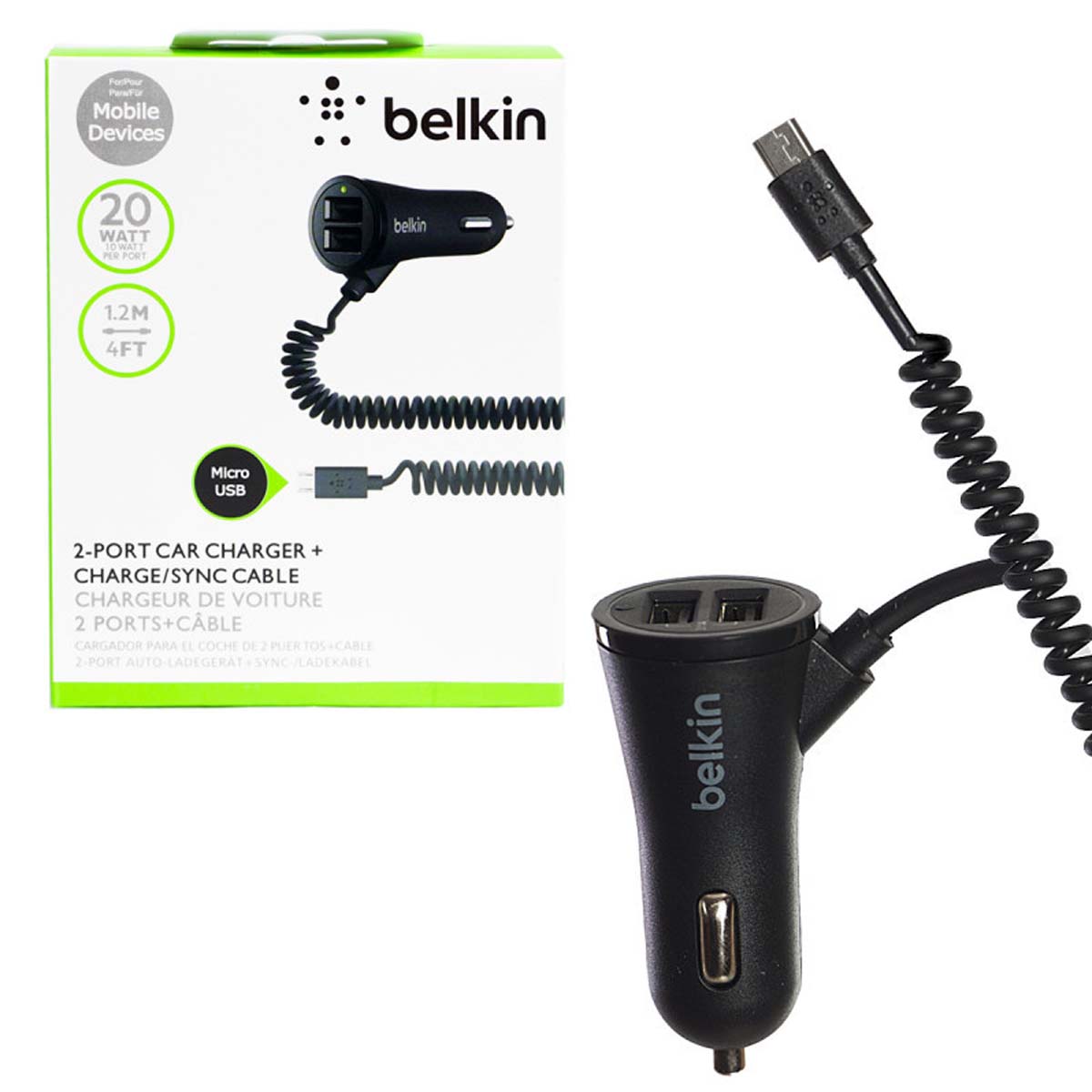АЗУ (Автомобильное зарядное устройство) Belkin c кабелем Micro USB, 20W, 2 USB, цвет черный