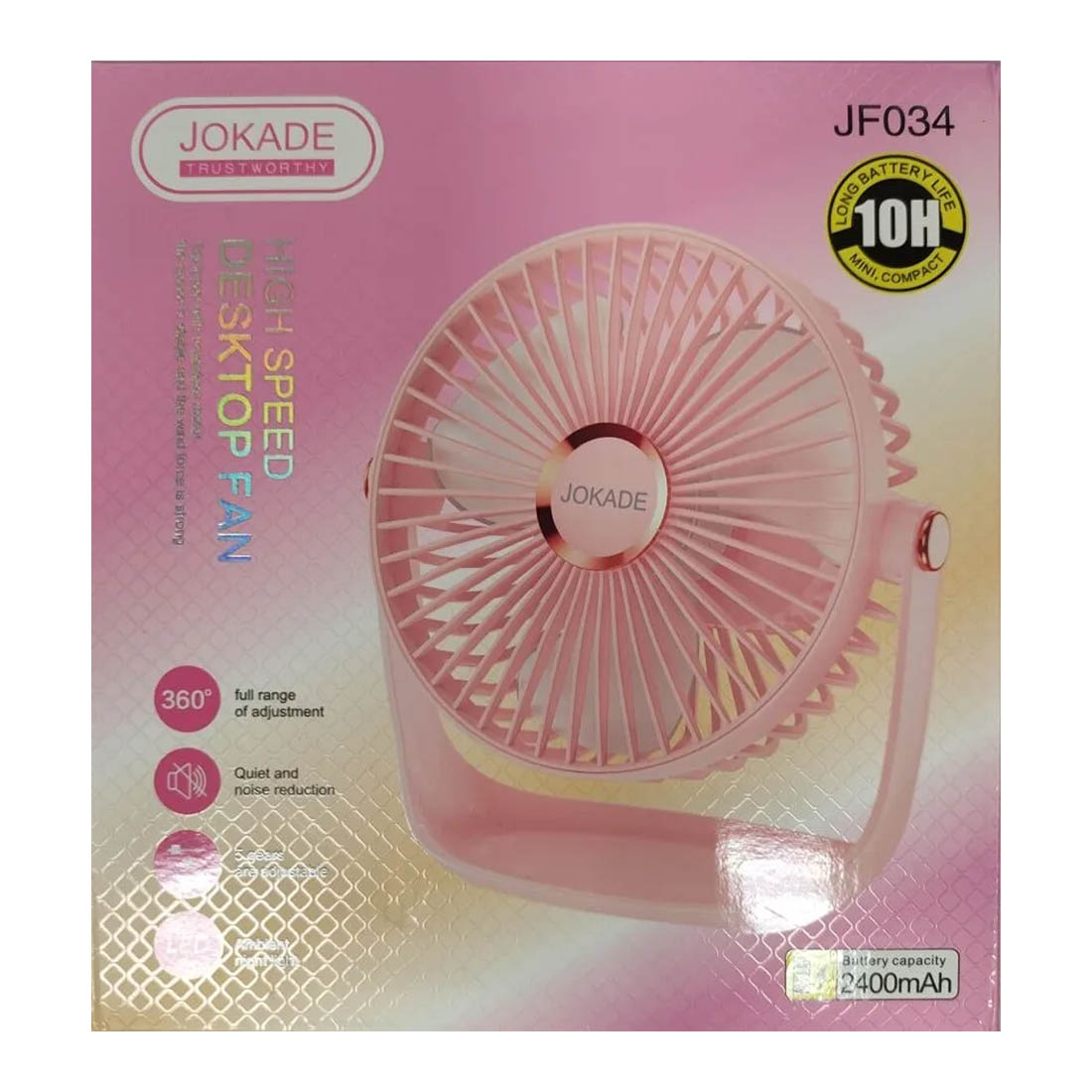 Вентилятор настольный JOKADE JF034, с аккумулятором 2400mAh, LED подсветка, цвет розовый