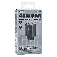 СЗУ (Сетевое зарядное устройство) REMAX GaN U2-AC45W, 45W, 1 USB Type C, 1 USB A, Led дисплей, цвет черный СЗУ (Сетевое зарядное устройство) REMAX GaN U2-AC45W, 45W, 1 USB Type C, 1 USB A, Led дисплей, цвет черный