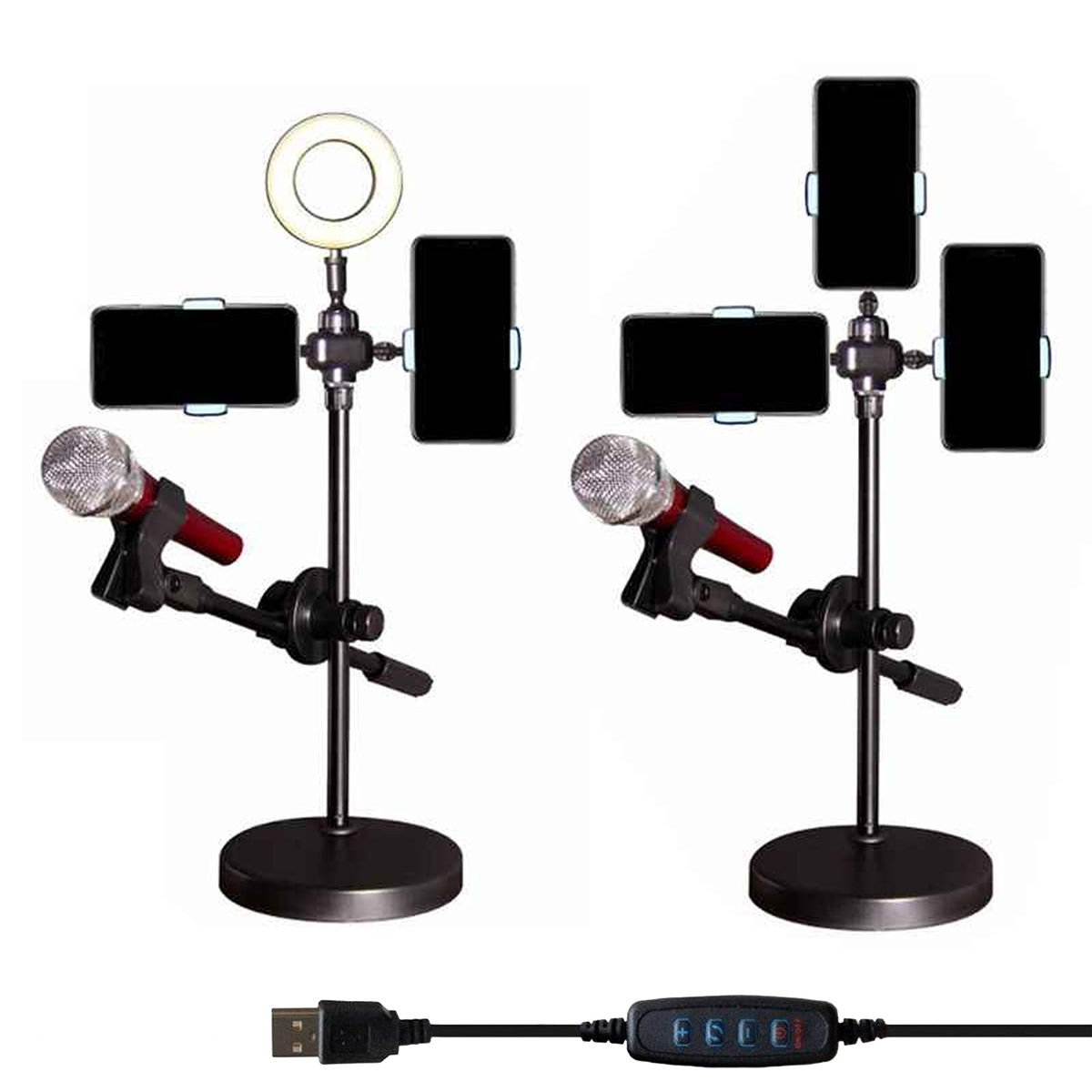 Настольная кольцевая лампа с держателем для микрофона и телефона (смартфона) для лайв-стриминга, цвет черный.