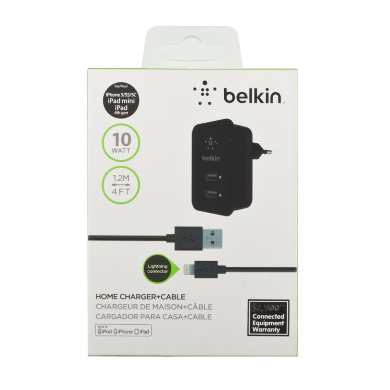 СЗУ "Belkin" 2,1A (F8J053ettBLK) с двумя USB выходами + кабель Apple 8 pin (черный).