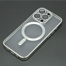 Чехол накладка FASHION CASE для APPLE iPhone 15 Pro, с поддержкой MagSafe, силикон, защита камеры, цвет окантовки серебристый
