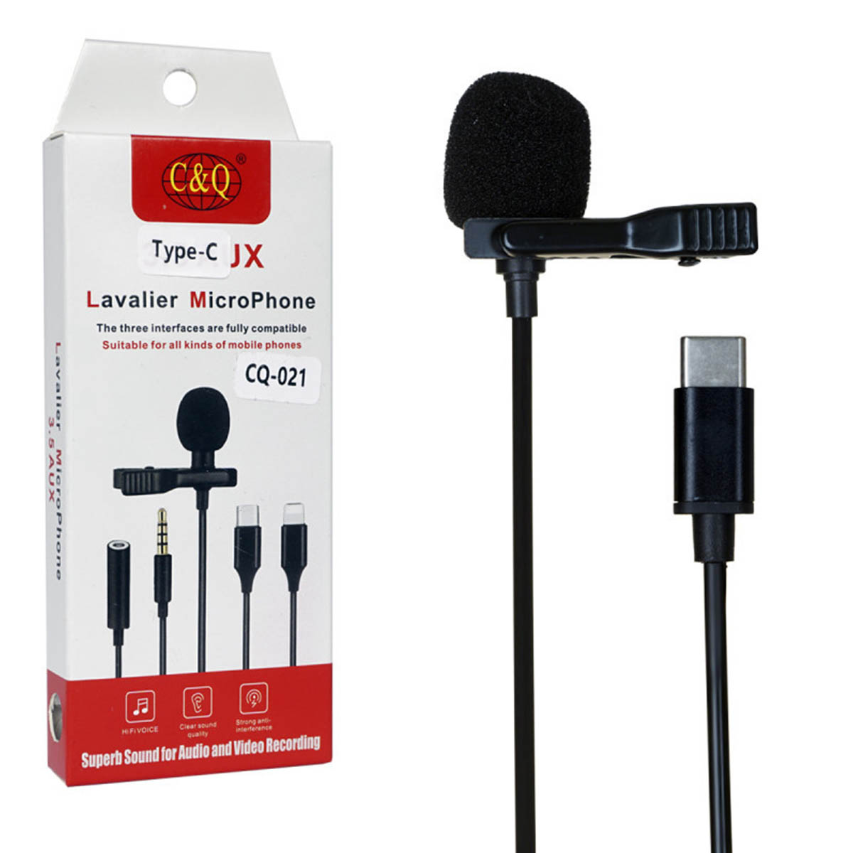 Всенаправленный петличный (на прищепке) микрофон C&Q CQ021, с разъемом Type C, длина 1.5 метра, цвет черный