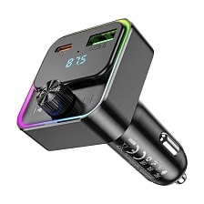АЗУ (Автомобильное зарядное устройство) HOCO E81 Fantasy с FM трансмиттером, 30W, Bluetooth, 1 USB, 1 USB Type C, LED дисплей, RGB подсветка, PD30W, QC3.0, цвет черный