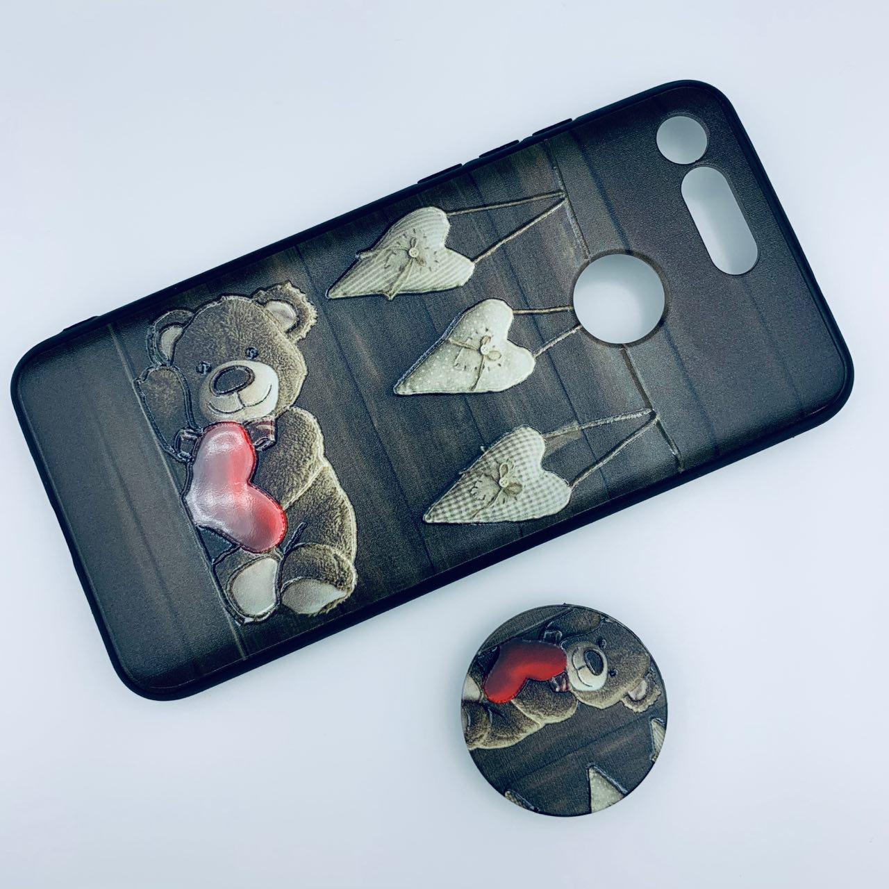 Чехол накладка для HUAWEI View 20, силикон, с поп сокетом, рисунок Мишка и сердечки.