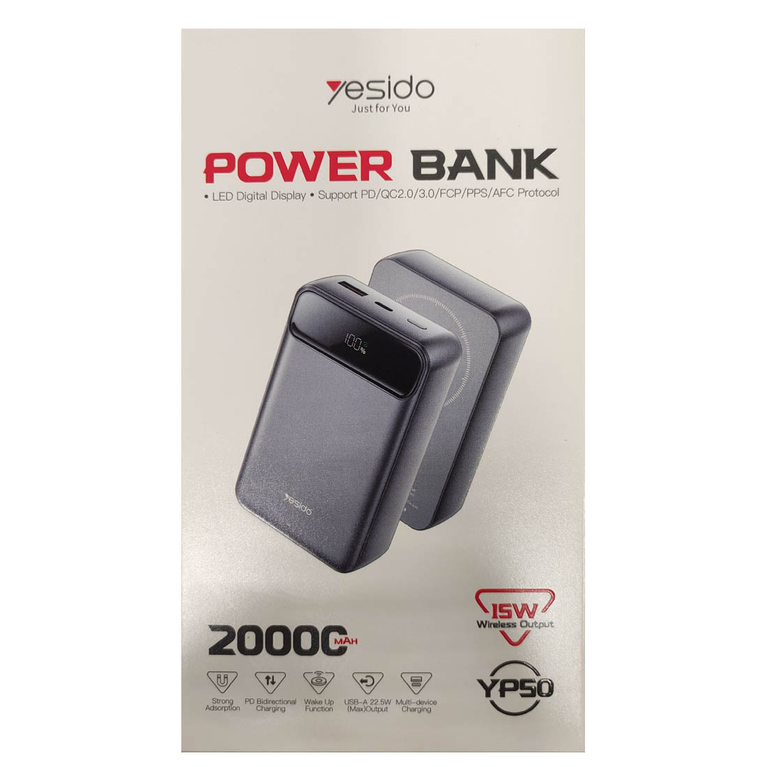 Внешний портативный аккумулятор, Power Bank YESIDO YP50, 20000 mAh, 15W,  LED дисплей, беспроводная зарядка MagSafe, цвет серый