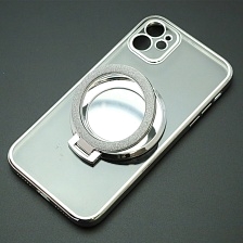 Чехол накладка для APPLE iPhone 11, силикон, защита камеры, кольцо держатель, прозрачный, цвет окантовки серебристый Чехол накладка для APPLE iPhone 11, силикон, защита камеры, кольцо держатель, прозрачный, цвет окантовки серебристый