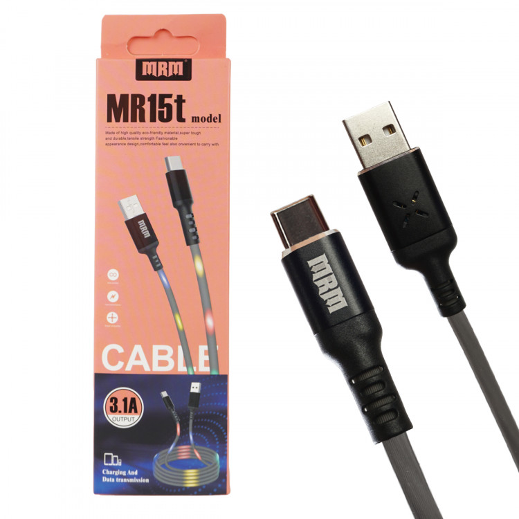 Кабель MRM MR15t USB Type C, 3.1A, длина 1 метр, светящийся под музыку, цвет серый