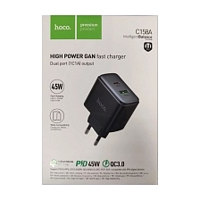 СЗУ (Сетевое зарядное устройство) HOCO C158A GaN Upgrade, 1 USB Type C, 1 USB A, PD45W, QC3.0 18W, цвет черный