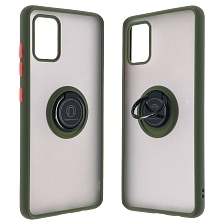 Чехол накладка для SAMSUNG Galaxy A51 (SM-A515), силикон, пластик, кольцо держатель, цвет окантовки хаки