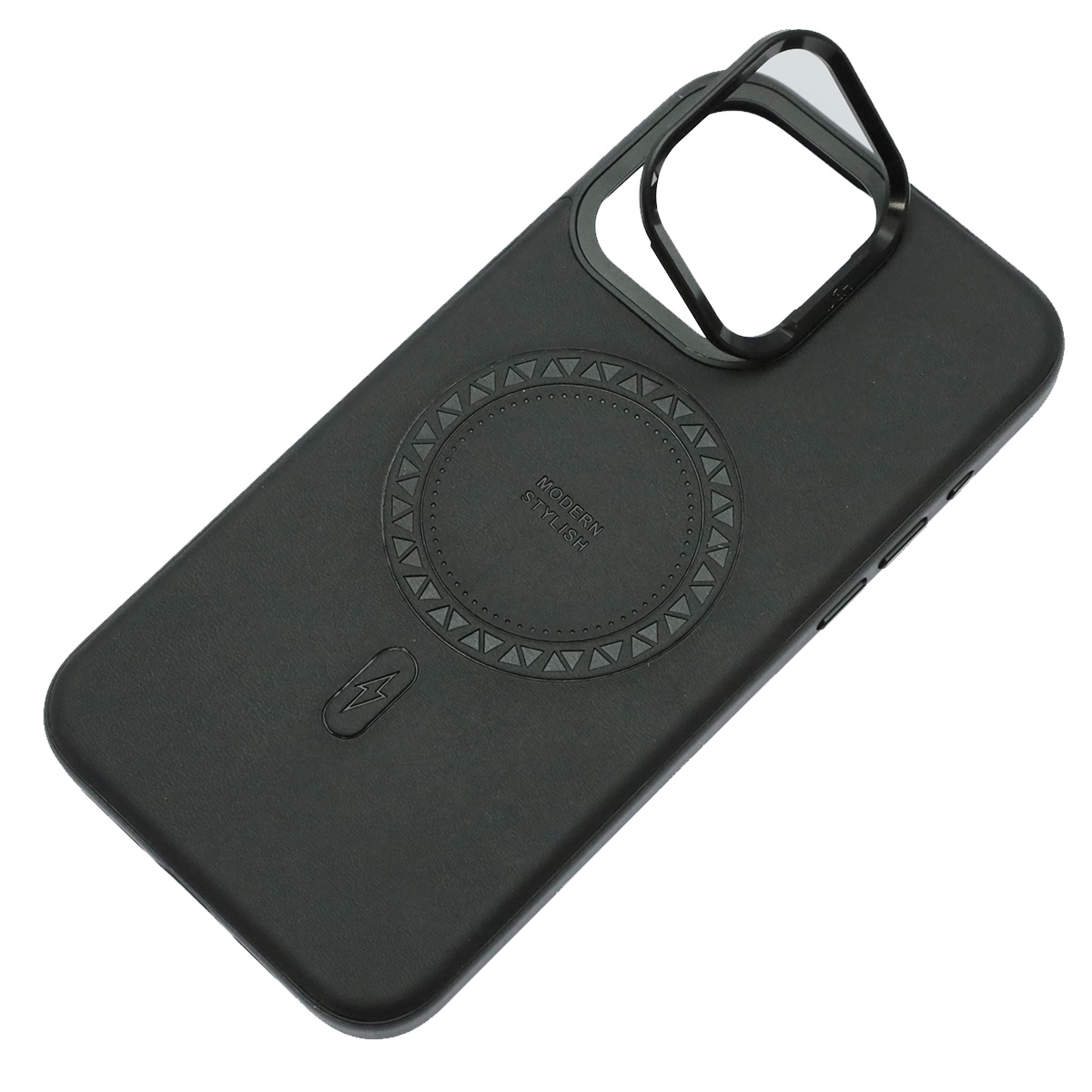 Чехол накладка Modern Stylish с поддержкой MagSafe для APPLE iPhone 15 Pro Max, защита камеры, подставка, экокожа, бархат, цвет черный