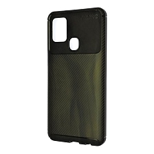 Чехол накладка AUTO FOCUS UE для SAMSUNG Galaxy A21S (SM-A217), силикон, матовый, цвет черно золотистый.
