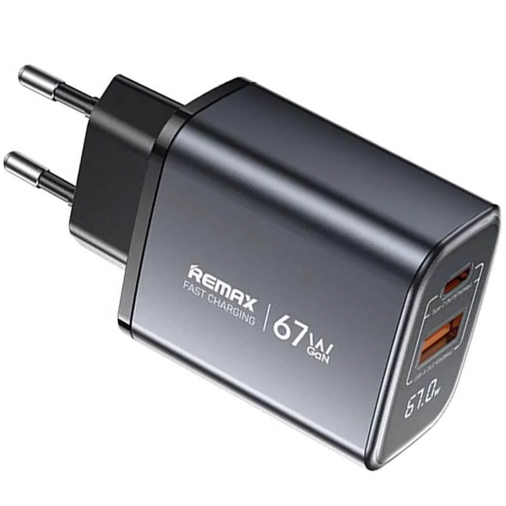 СЗУ (Сетевое зарядное устройство) REMAX U2-AC67W, GaN, 1 USB, 1 TYPE-C, 67W, LED дисплей контроля мощности заряда, цвет графитовый СЗУ (Сетевое зарядное устройство) REMAX U2-AC67W, GaN, 1 USB, 1 TYPE-C, 67W, LED дисплей контроля мощности заряда, цвет графитовый