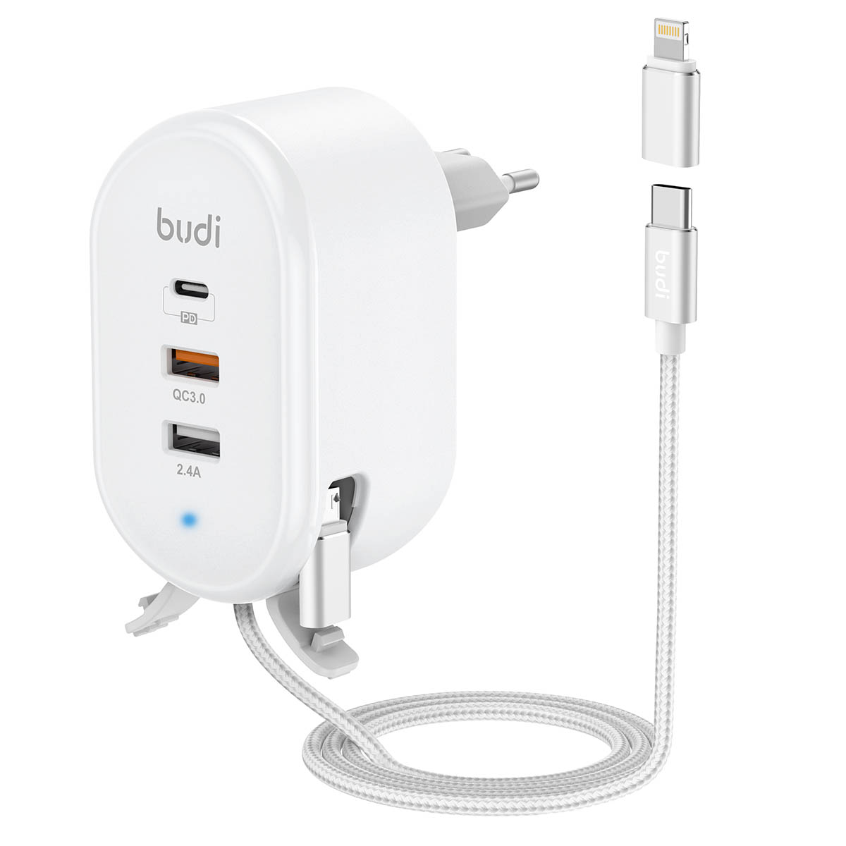 СЗУ (Сетевое зарядное устройство) BUDI, PD 18W, QC 18W, USB, кабель Type C, длина 1 метр, цвет белый